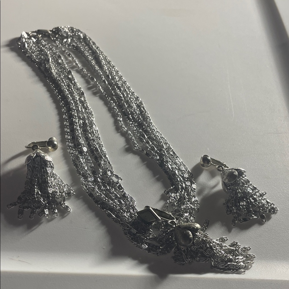 Silver Multi-Strand Chain Necklace and Tassel Earrings Set